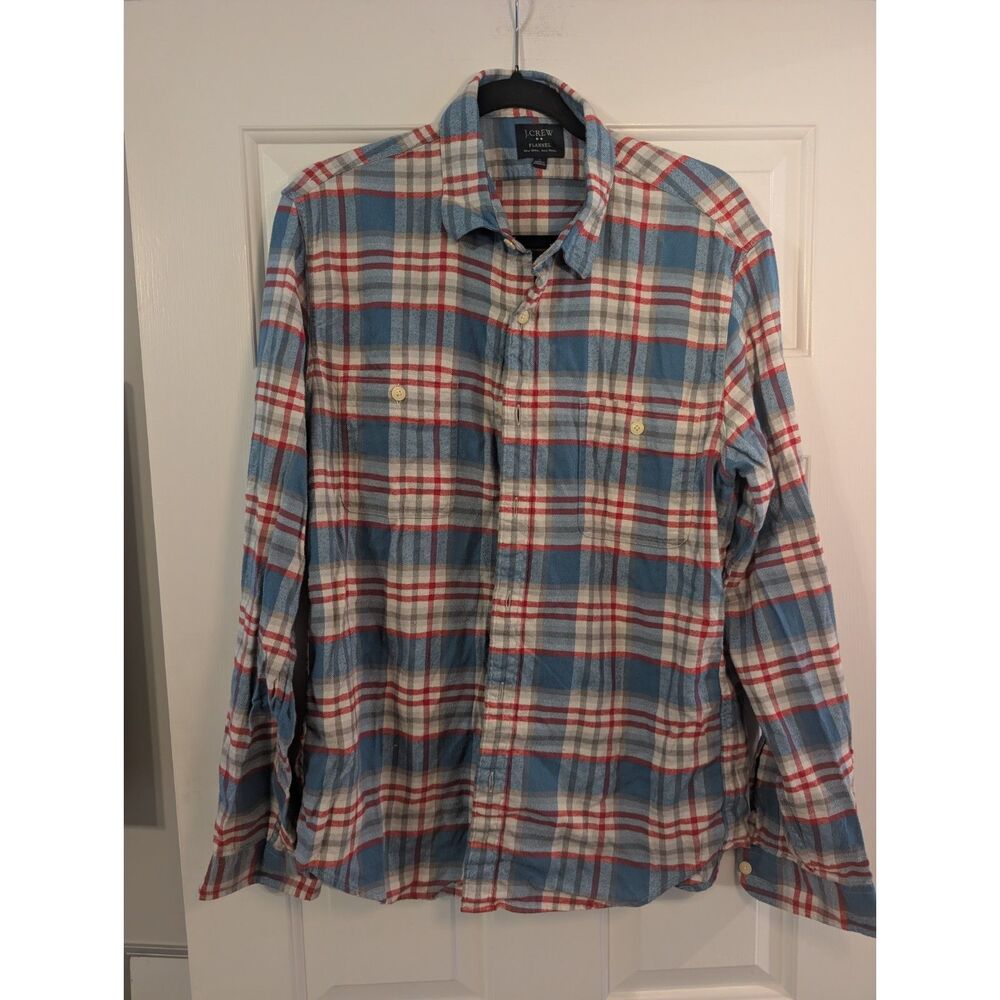 J.Crew Flannel Shirt Men's Large Blue Red Gray Plaid 100% Cotton